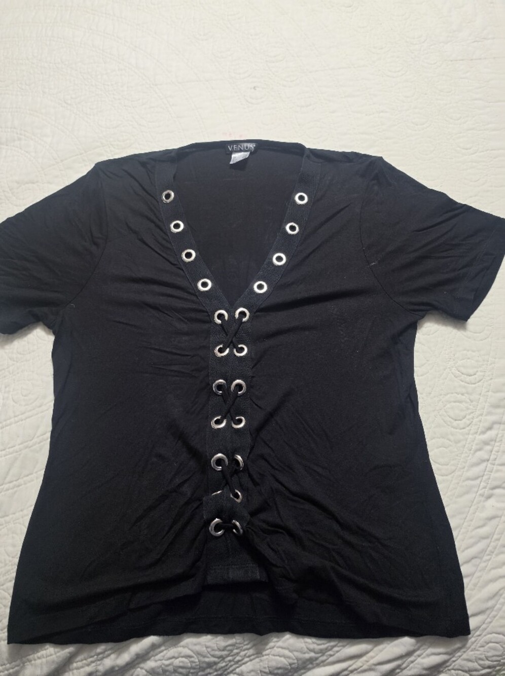 VENUS Black Short Sleeve Lace-Up V-Neck Tee